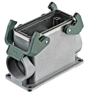 Involucro metallico con protezioni laterali verdi, forma rettangolare, due aperture laterali e coperchio superiore rettangolare per applicazioni industriali.