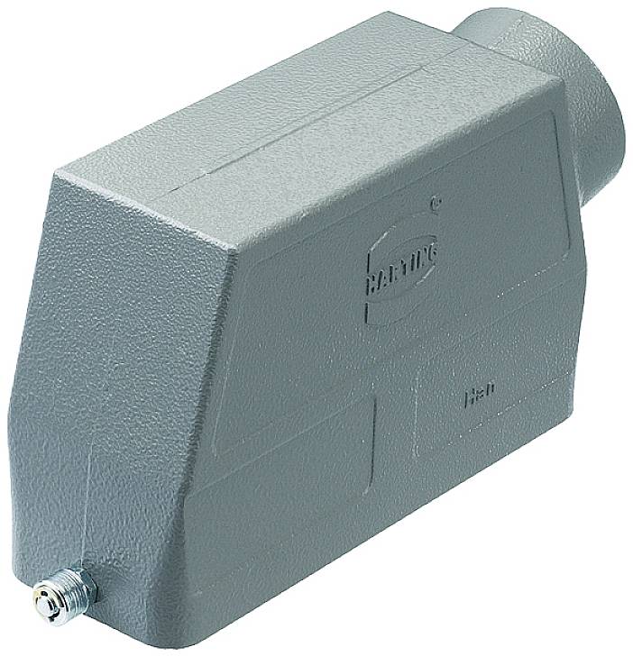 Involucro metallico di colore grigio, a forma rettangolare, con bordi arrotondati e filettatura di connessione sul lato inferiore.