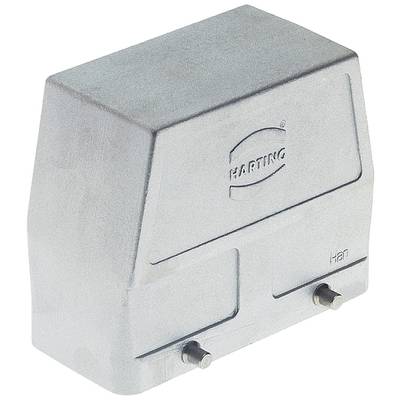 Un involucro grigio HARTING con due perni metallici in basso. Mostra il logo aziendale e le lettere 'HEN' sulla superficie.