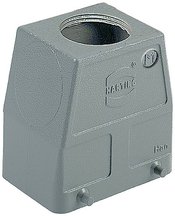 Custodia industriale grigia per connettori elettrici, forma rettangolare con foro superiore e logo 'Harting' sul lato.