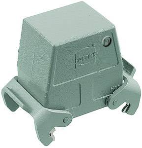 Un involucro verde, rettangolare per connettori elettrici con due clip metalliche laterali per un fissaggio sicuro.