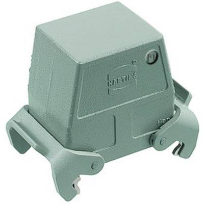 Un involucro verde, rettangolare per connettori elettrici con due clip metalliche laterali per un fissaggio sicuro.