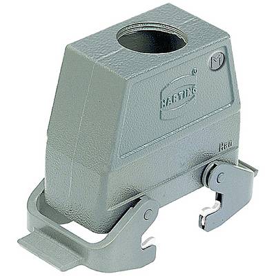 Custodia grigia per connettore industriale con logo HARTING, due leve per il fissaggio alla base, parte superiore filettata.