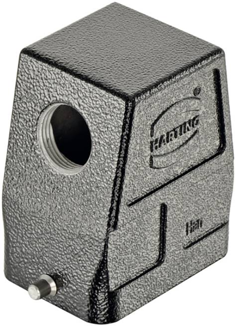 Un contenitore nero, metallico, rettangolare con ingresso laterale, marchi 'HARTING' e 'Han'. Adatto per connettori.