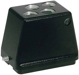 Componente nera, rettangolare con quattro connettori metallici in alto, un connettore laterale e un piccolo simbolo a destra. Dispositivo tecnico.