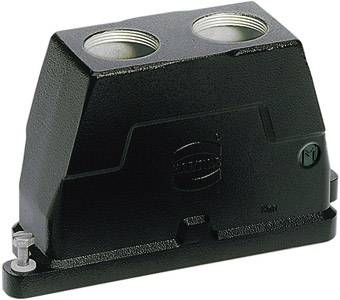 Involucro per connettore industriale, nero, con due aperture di connessione superiori, design robusto per applicazioni industriali.