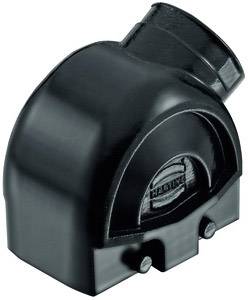 Un coperchio nero in plastica con una superficie liscia e una forma arrotondata, presumibilmente parte di un dispositivo più grande.