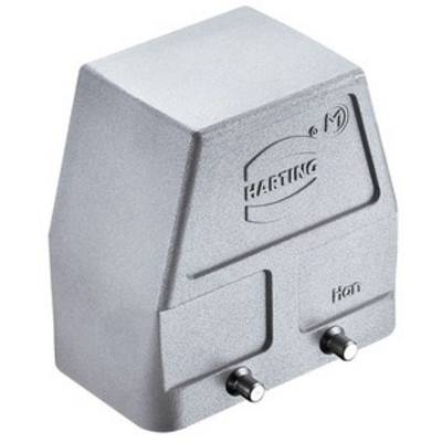 Coperchio metallico con logo 'HARTING', due viti di fissaggio inferiori. Involucro per connettore industriale per applicazioni robuste.