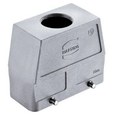 Connettore rettangolare grigio di Harting con grande apertura superiore e due viti inferiori, adatto per applicazioni industriali.