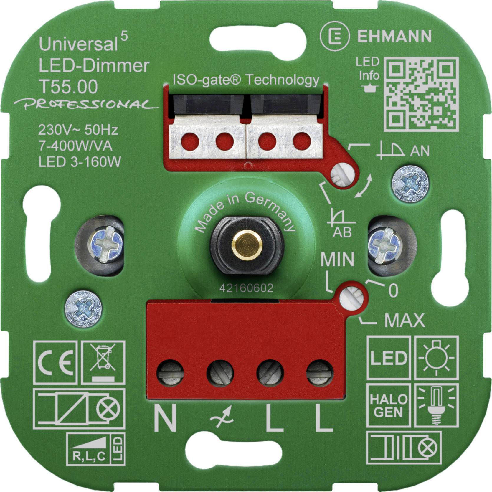 Dimmer LED di Ehmann con pannello frontale verde, tecnologia ISO-gate. Supporta 230V, 50Hz, 7-400W e LED 3-160W.