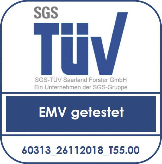 Logo TÜV con testo 'EMV testato' e numero di riferimento '60313_26112018_T55.00'.