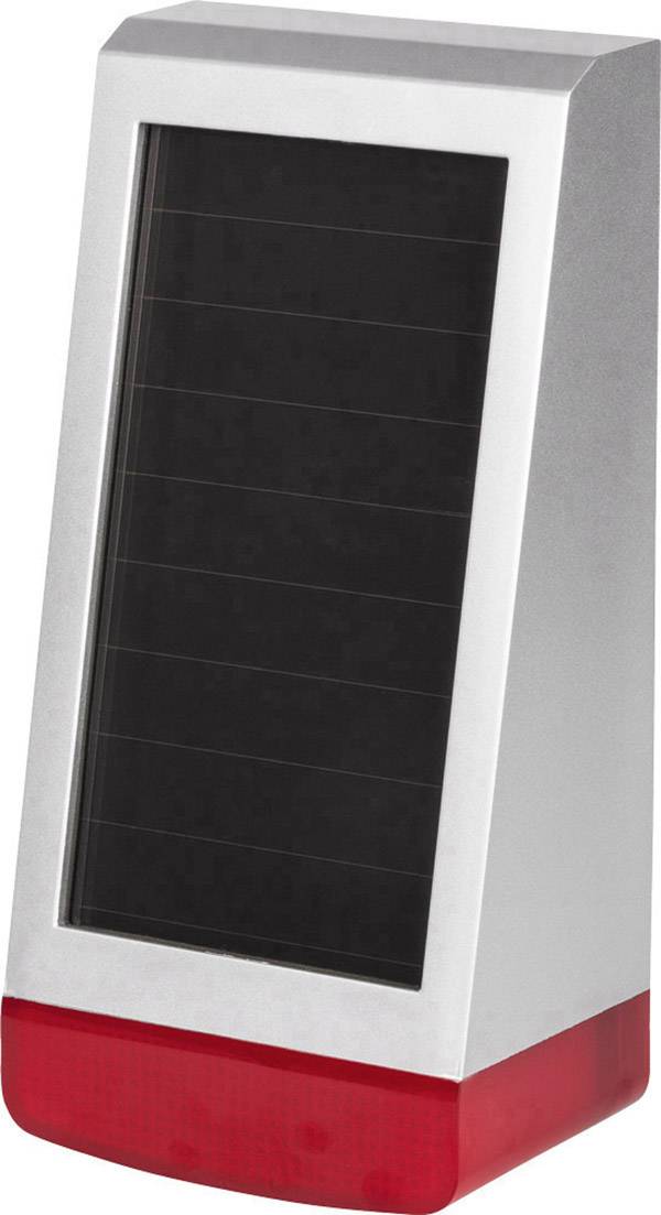 Pannello solare verticale con cornice argentata e base rossa, adatto per piccoli dispositivi elettronici o illuminazione.