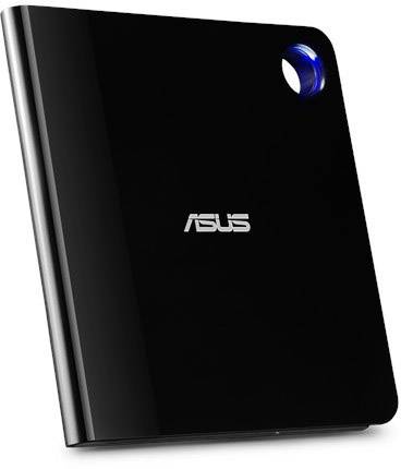 Hard disk esterno nero con logo ASUS e indicatore LED blu.