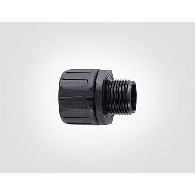 Raccordo filettato in plastica nera, raffigurato lateralmente. Utilizzato per connessioni di tubi in sistemi idrici o di irrigazione.