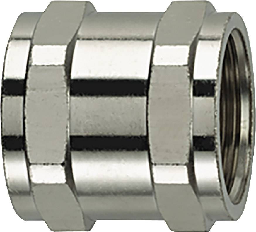 Raccordi di connessione metallici con estremità esagonali, superficie lucida.