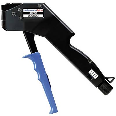 Utensile manuale per il fissaggio dei fascette, con impugnatura ergonomica, nero con accento blu, prodotto da HellermannTyton.
