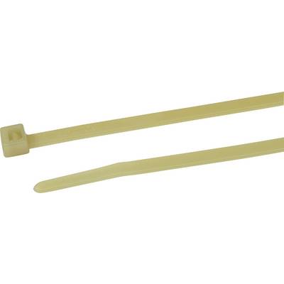 Due fascette stringicavo beige, un'estremità con meccanismo di chiusura, l'altra che si assottiglia a punta, su sfondo bianco.