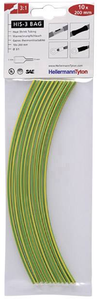 'Confezione da 10 tubi termorestringenti giallo-verdi, lunghi 200 mm, diametro 6 mm, rapporto di restringimento 3:1. Marca: HellermannTyton.'