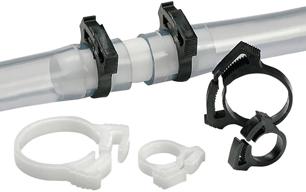 Tubo di plastica con tre fascette per cavi in plastica nera che avvolgono il tubo. Due fascette bianche sono posizionate accanto.