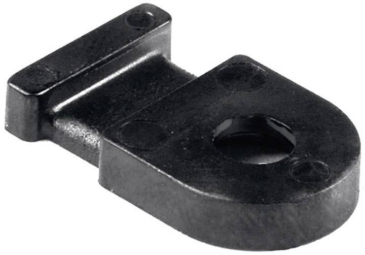 Un gancio metallico in materiale nero con un'apertura circolare e due fori di fissaggio, visibili lateralmente.