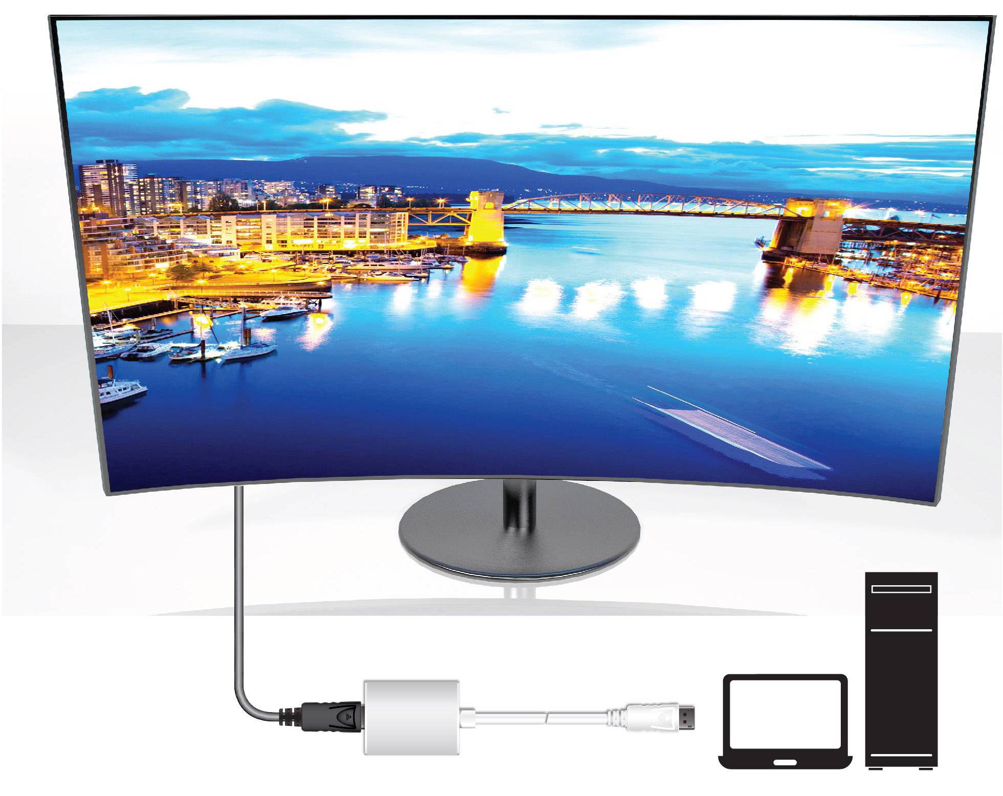 Un monitor curvo mostra una vista notturna della città con un porto illuminato. Nella parte inferiore sono visibili simboli di PC e laptop collegati da un cavo.
