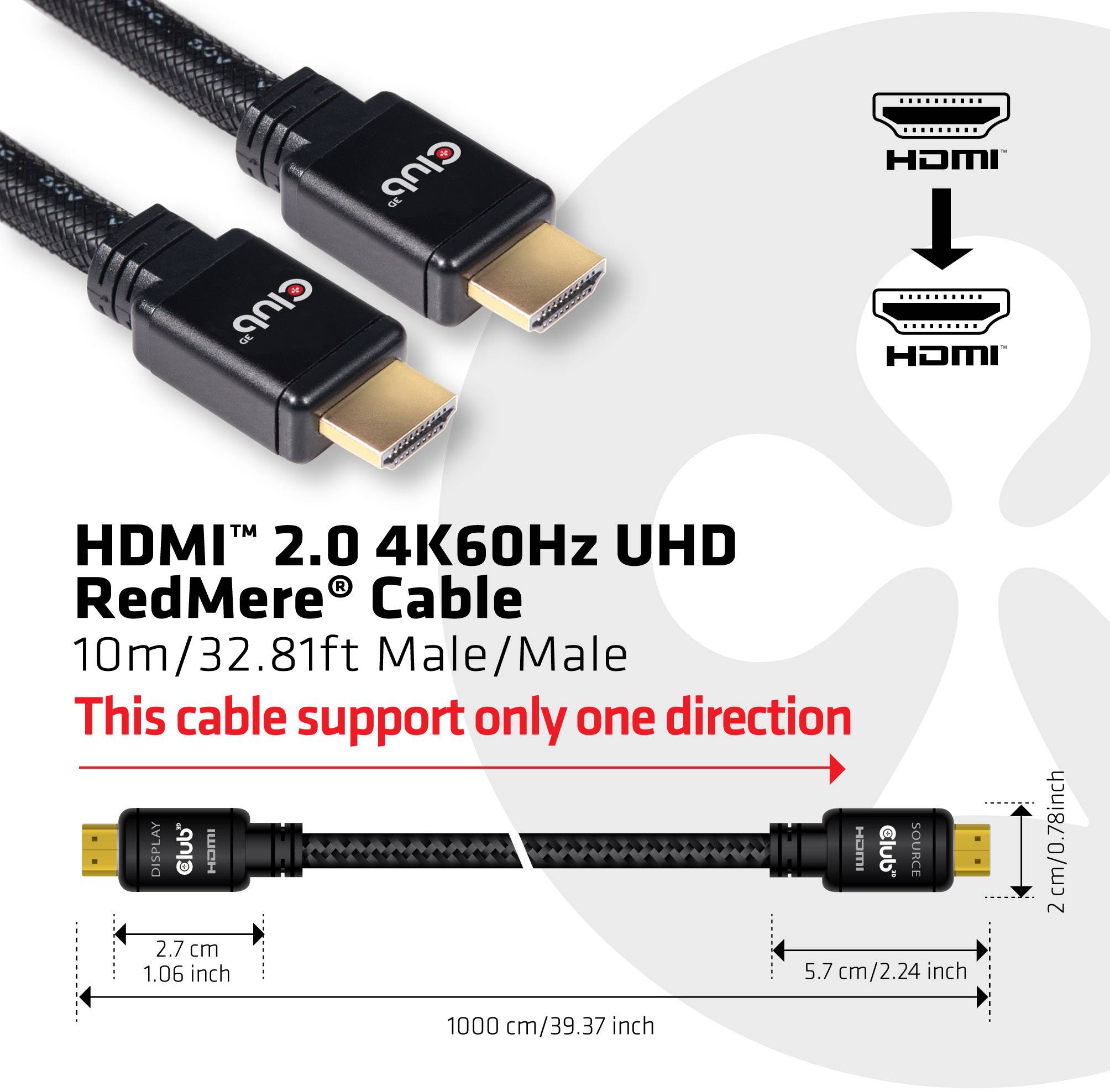 'Cavo HDMI 2.0 4K60Hz UHD RedMere, 10m, supporta solo una direzione, connettore di CUV. Dimensioni e connessioni illustrate.'
