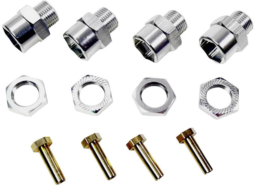 Quattro connettori metallici, quattro dadi esagonali e quattro viti a testa larga, disposti su due file. Accessori tecnici.