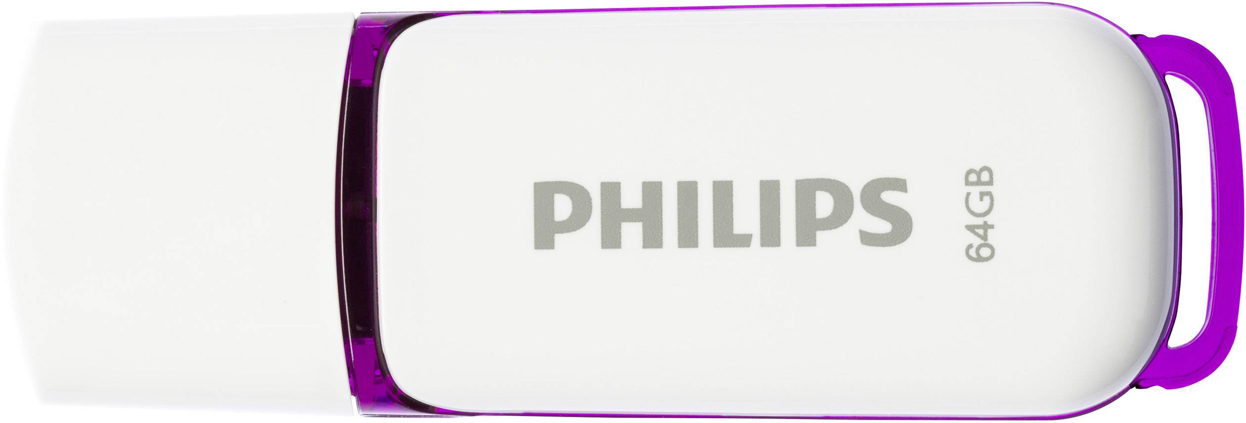 Chiavetta USB Philips da 64 GB. La custodia è bianca con un accento viola.