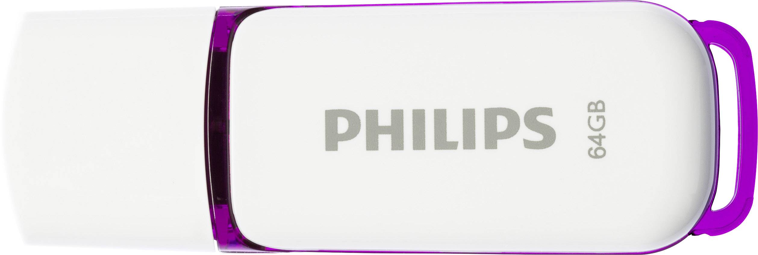 Una chiavetta USB bianca con accenti viola, marca 'Philips', capacità 64 GB.
