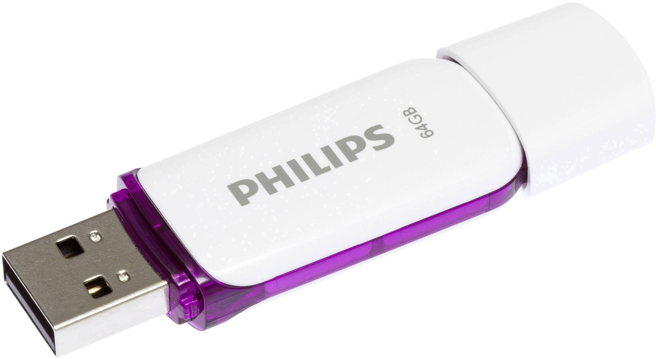 Una chiavetta USB bianca con la scritta 'PHILIPS 8GB' e un elemento trasparente color lilla.