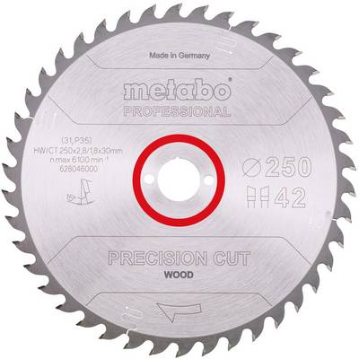 Lama di sega circolare Metabo Professional per legno con anello centrale rosso, etichettata 'PRECISION CUT', 'WOOD', 'Ø 250' e '42', mostrata su sfondo bianco.