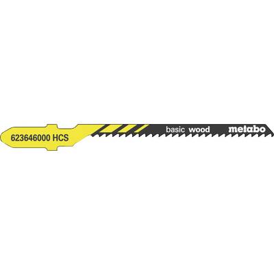 Etichetta della lama per sega Metabo gialla e grigia con la scritta '623646000 HCS' e 'basic wood' e il logo Metabo sulla destra.