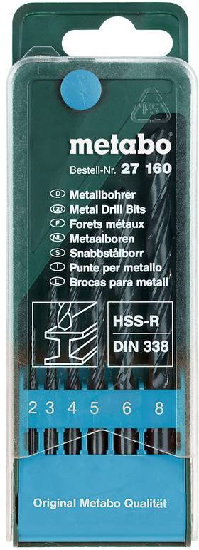 Set di punte per trapano in metallo in custodia in plastica trasparente etichettato Metabo, Bestell-Nr. 27 160, HSS-R DIN 338, con misure 2–8 e descrizioni multilingue.
