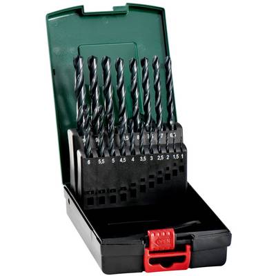 Set di punte per trapano a torsione nere in una custodia di plastica verde con taglie etichettate e un chiavistello rosso aperto.