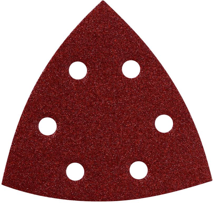 Foglio di carta vetrata triangolare rossa con sei fori circolari per una levigatrice elettrica.