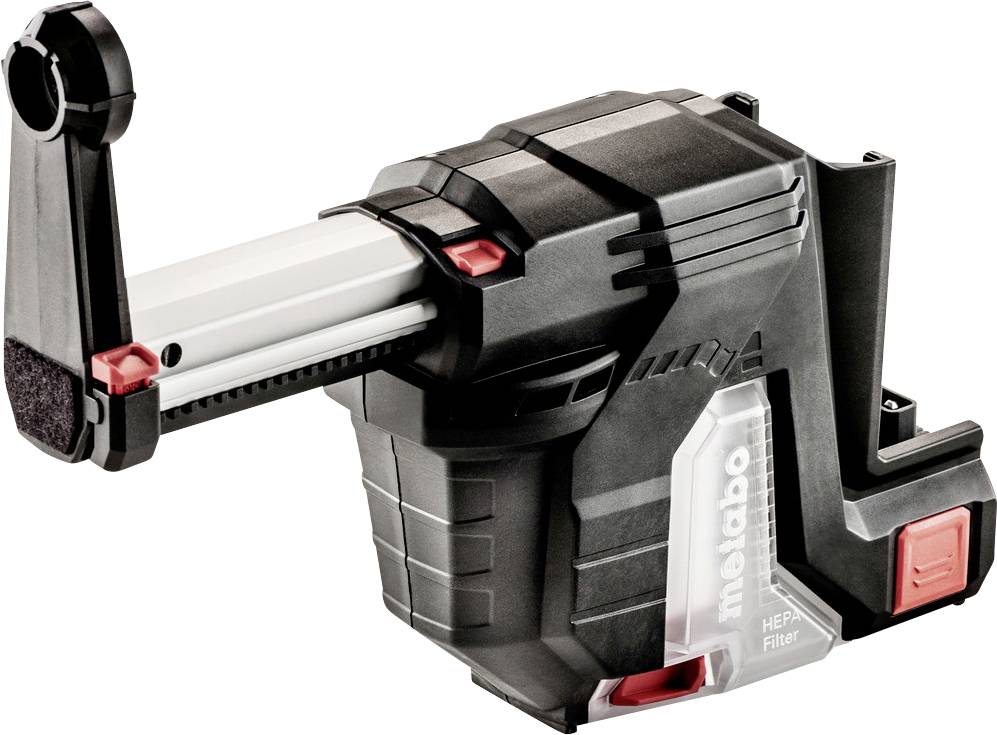 Batteria per aspirapolvere senza fili con filtro HEPA e staffa di montaggio, mostrata in vista laterale su sfondo bianco.
