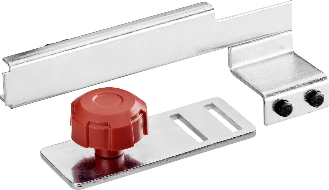 Staffa di montaggio in metallo con una manopola in plastica rossa e due viti nere su sfondo bianco, mostrata come componente hardware.