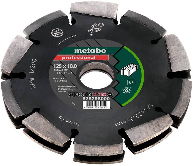 Lama di taglio diamantata segmentata professionale Metabo mostrata frontalmente, etichettata 125 x 18,0 mm, 12200 RPM.