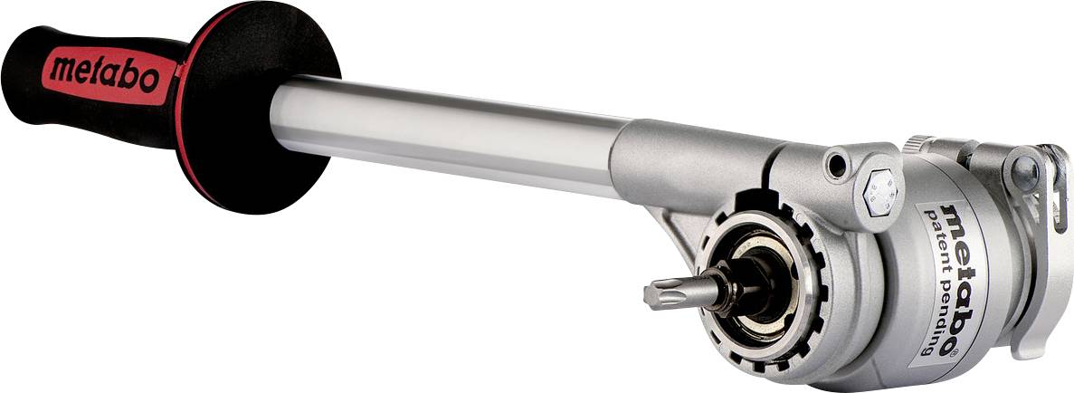Accessorio per utensile elettrico Metabo con un lungo albero argentato, manico nero e testa ingranata su sfondo bianco.