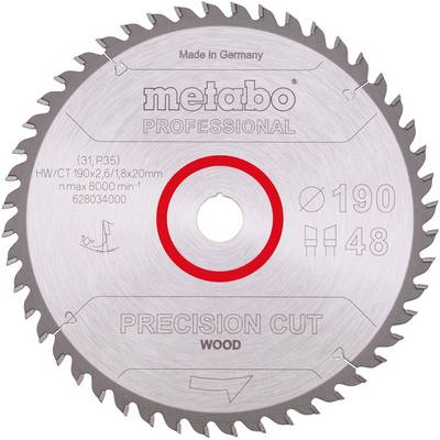 Lama circolare per sega Metabo Professional con taglio di precisione per legno etichettata "Made in Germany", diametro 190 mm, 48 denti, con anello centrale rosso.