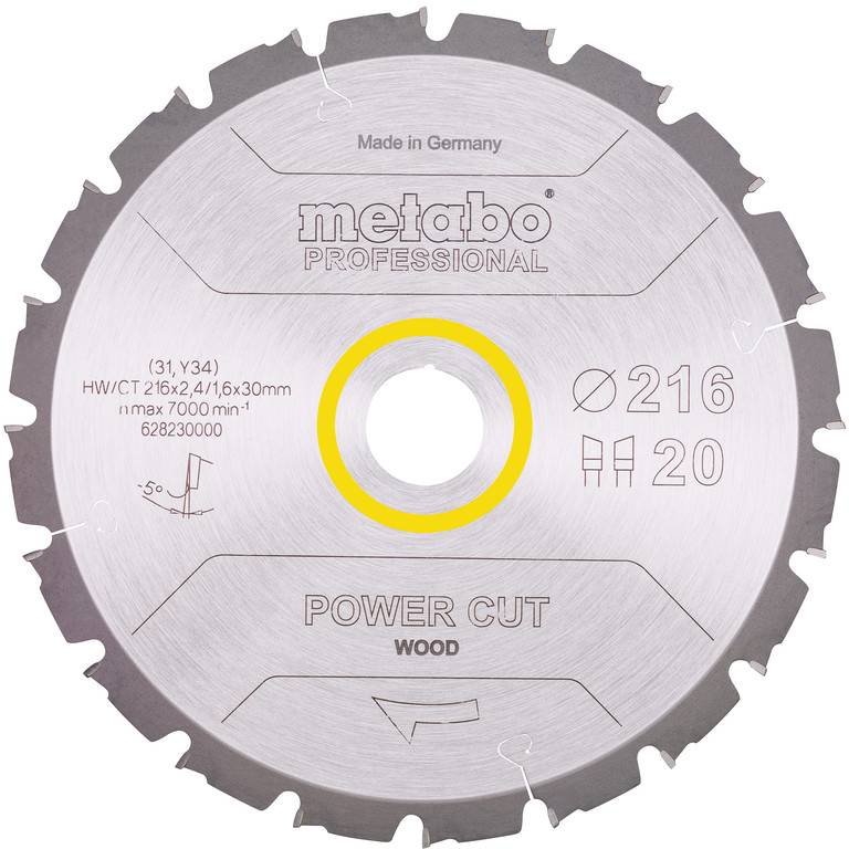 Lama per sega circolare in metallo Metabo Professional Power Cut per taglio legno, etichettata con 'Ø216' e '20', con foro centrale evidenziato in giallo.
