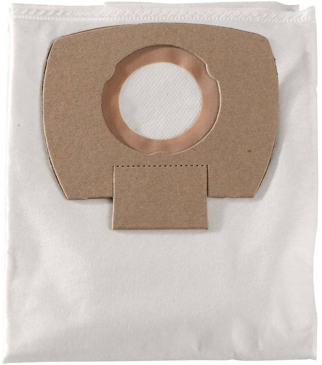 Sacchetto per aspirapolvere bianco con collare in cartone marrone e apertura circolare centrata vicino alla parte superiore.