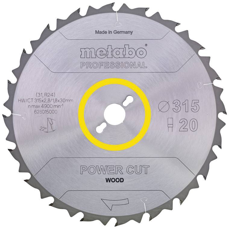 Lama circolare per sega professionale Metabo per il taglio del legno etichettata con 'POWER CUT WOOD' e '315', con foro centrale evidenziato in giallo.