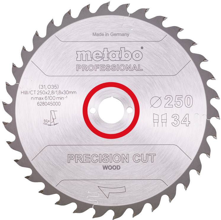 Lama per sega circolare da taglio preciso Metabo Professional per il legno, etichettata Ø250 e 34 denti, mostrata frontalmente su sfondo bianco.