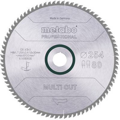 Una lama da sega circolare Metabo Professional etichettata 'MULTI CUT,' 'Ø254,' e '80' denti, mostrata frontalmente con un foro di montaggio centrale.