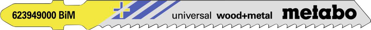 Lame universali Metabo legno+metallo numero prodotto 623949000 e testo BiM su una striscia di confezione gialla e argento