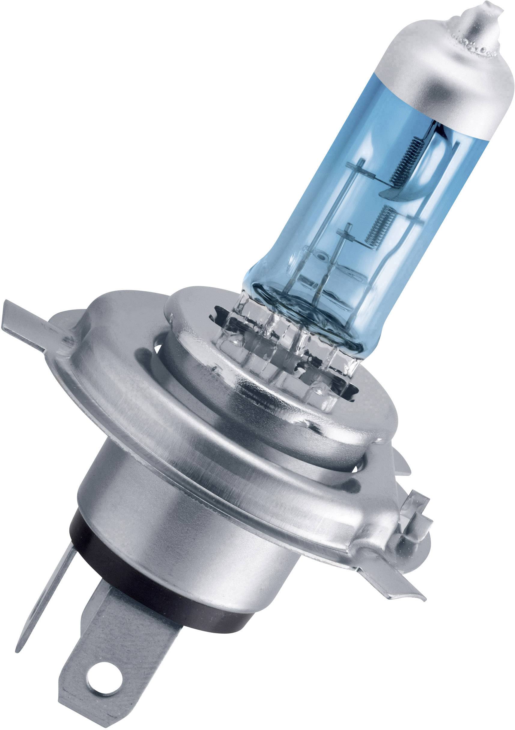 Una lampadina per auto argentata con cilindro di vetro blu. Il filamento è visibile. Viene utilizzata nei fari dei veicoli.