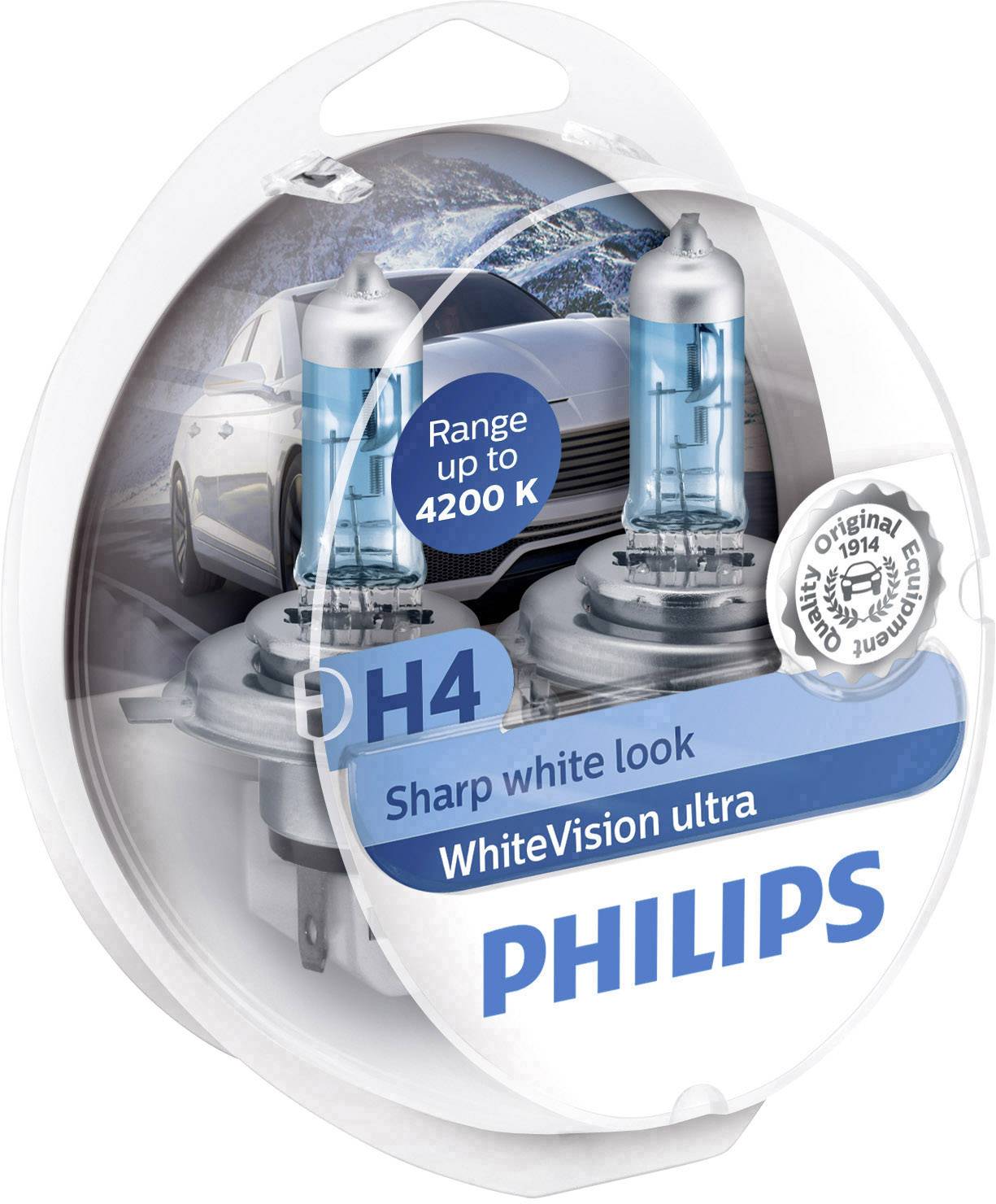 Due lampade auto blu in una confezione di 'Philips', etichettate con 'Sharp white look' e 'Range fino a 4200 K'. A sinistra un'auto.