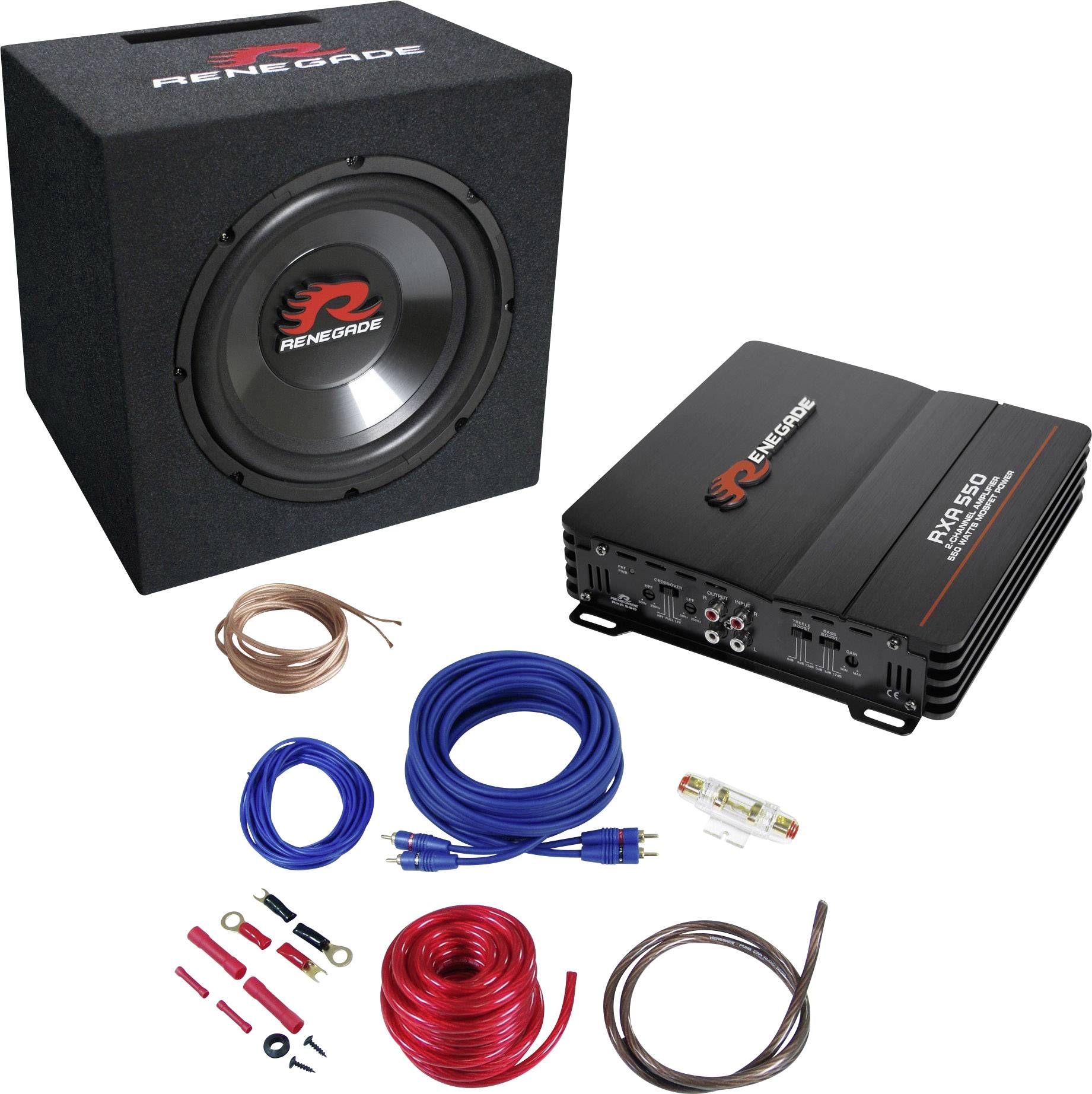 Set subwoofer e amplificatore con cavi e connettori per l'installazione audiovisiva in auto.