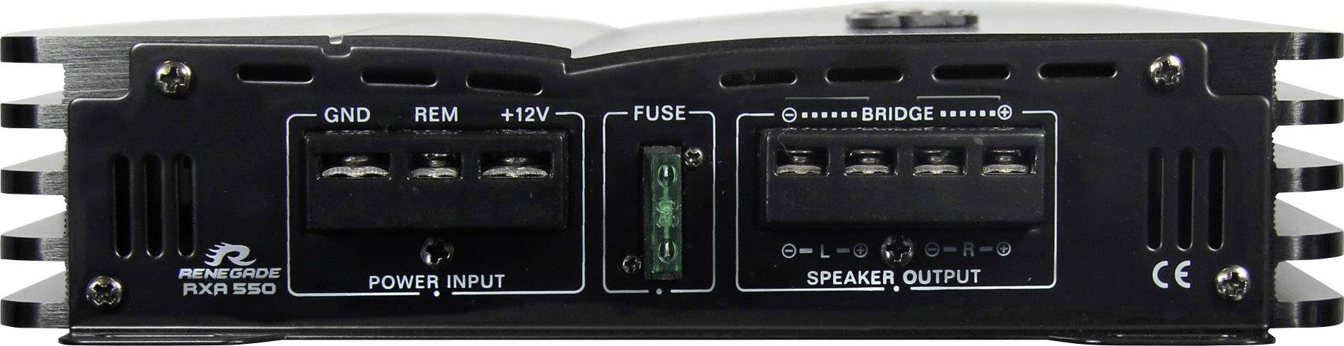 Retro amplificatore auto con connettori: connessioni di alimentazione ('GND', 'REM', '+12V'), fusibile al centro, uscite altoparlanti a destra.